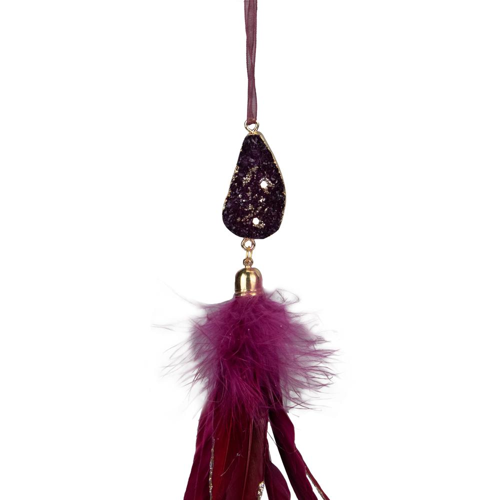 9" Plum Red Feather and Gemstone Pendant Christmas Ornament. Picture 4
