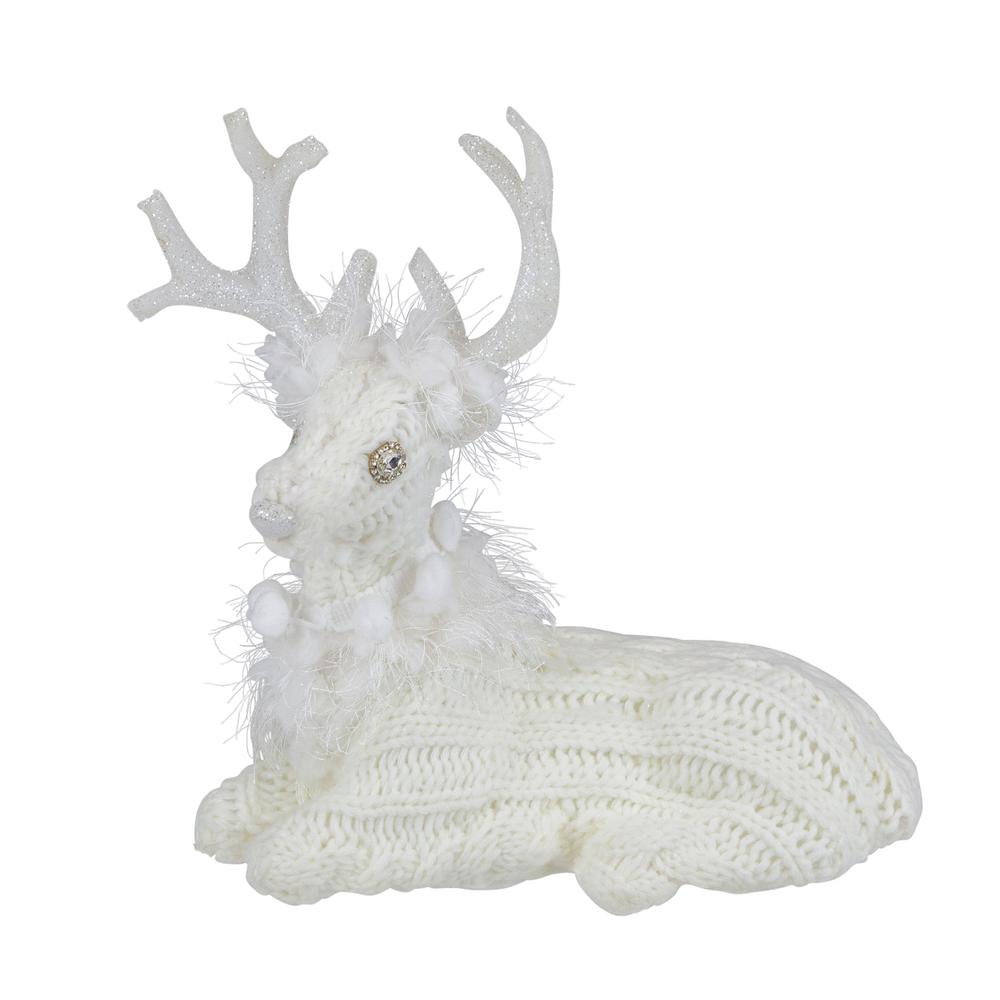 9.75" White Cable Knit Sitting Reindeer Christmas Figure. Picture 1