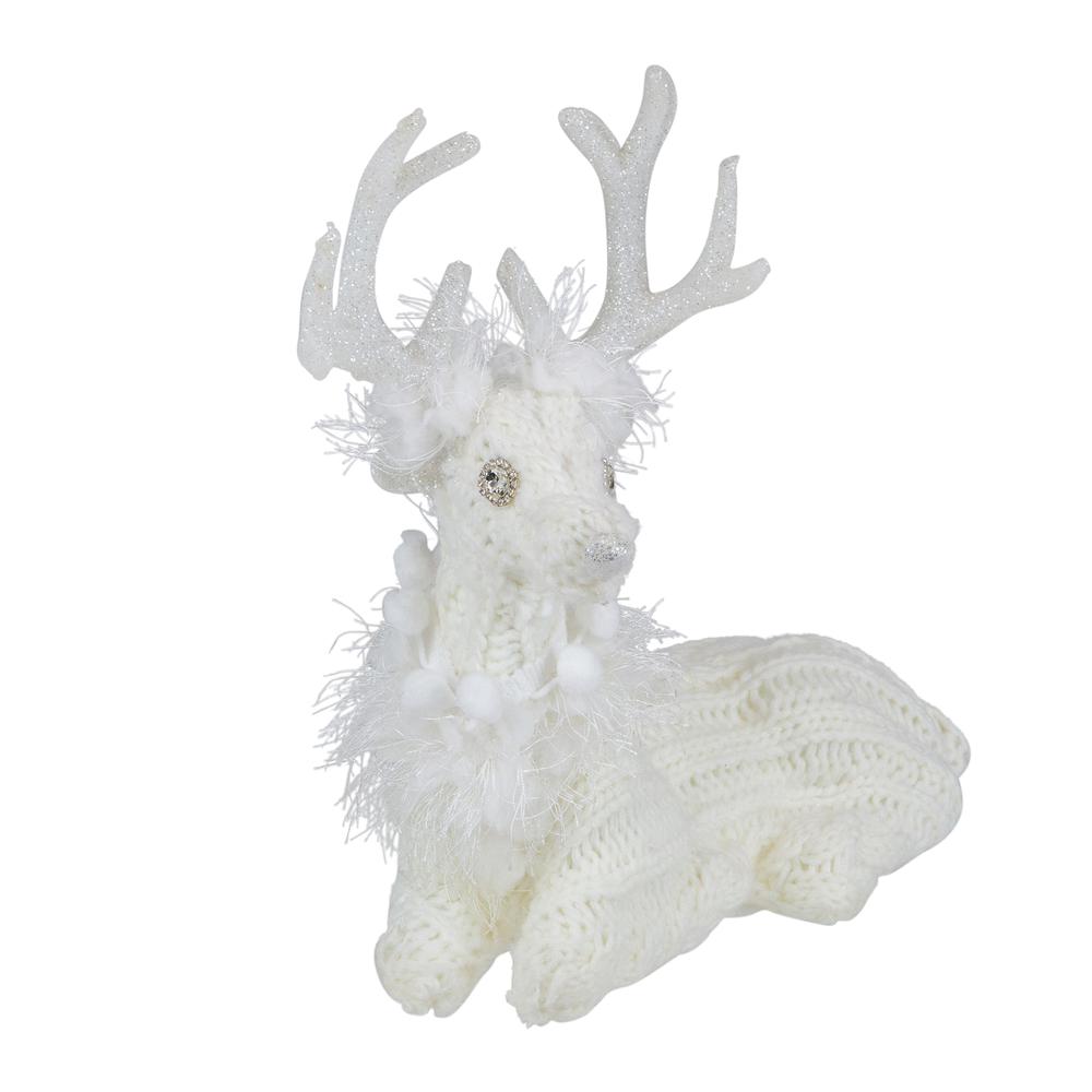 9.75" White Cable Knit Sitting Reindeer Christmas Figure. Picture 3