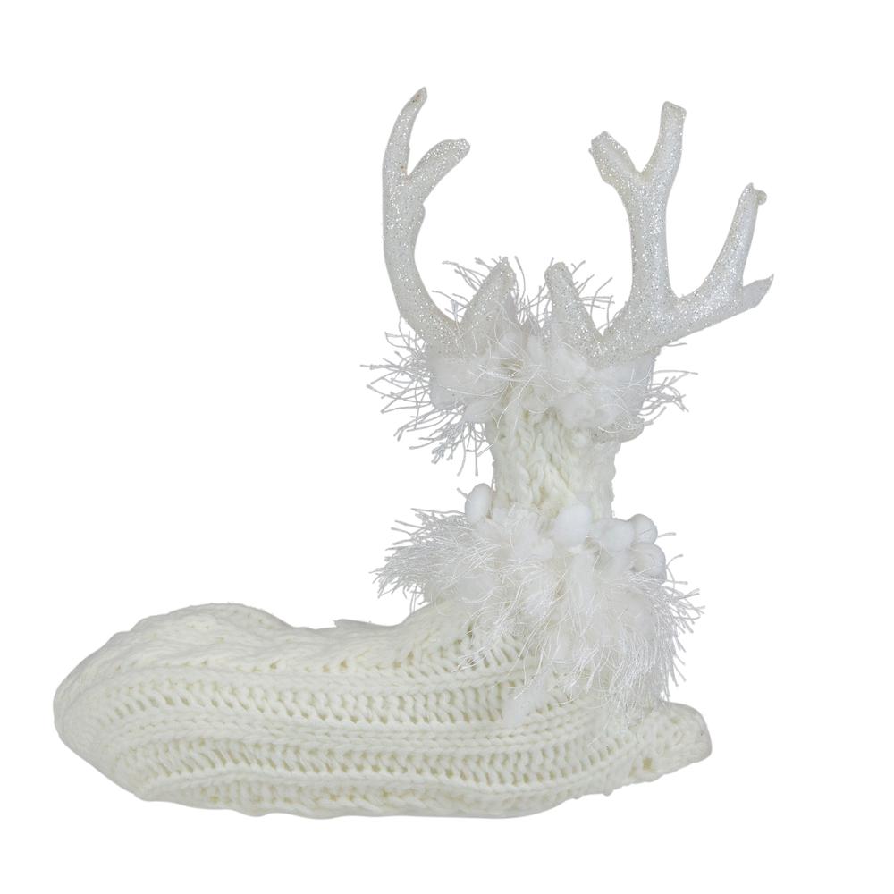 9.75" White Cable Knit Sitting Reindeer Christmas Figure. Picture 4