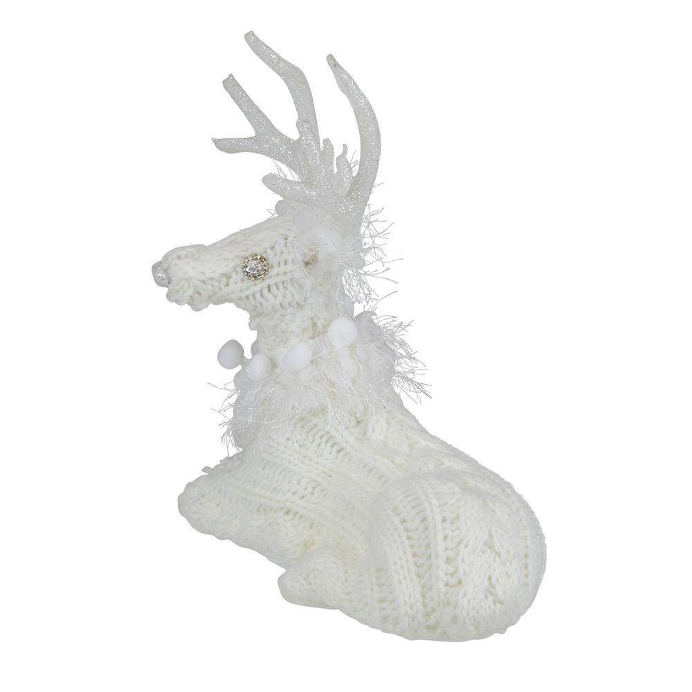 9.75" White Cable Knit Sitting Reindeer Christmas Figure. Picture 5