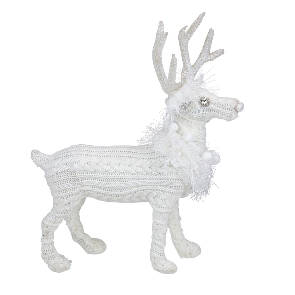 13.5" White Cable Knit Standing Reindeer Christmas Figure. Picture 1