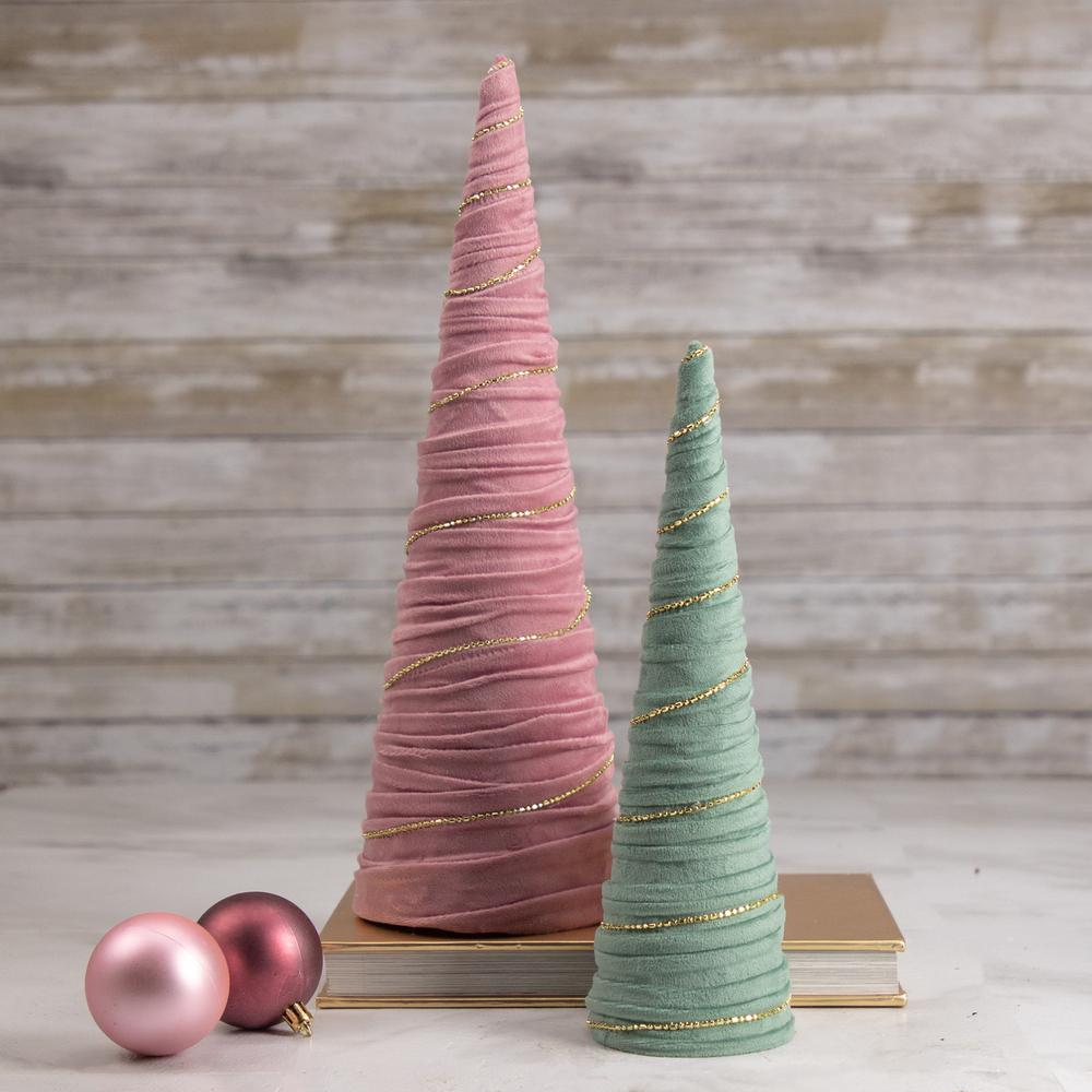 15.25" Pink Fabric with Gold Garland Christmas Cone Tree. Picture 2
