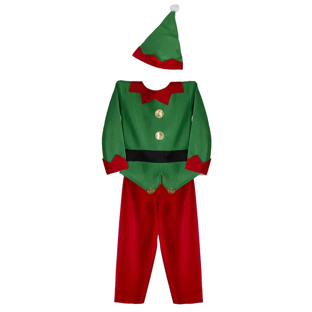 26" Red and Green Elf Boy's Costume With a Christmas Santa Hat - 6-8 Years. Picture 2
