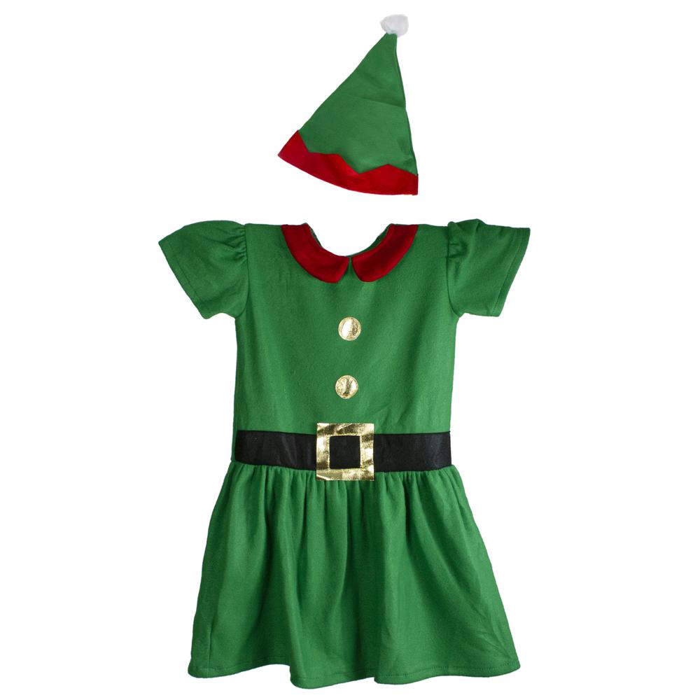 28" Green and Red Girl's Elf Christmas Costume - 6-8 Years. Picture 2