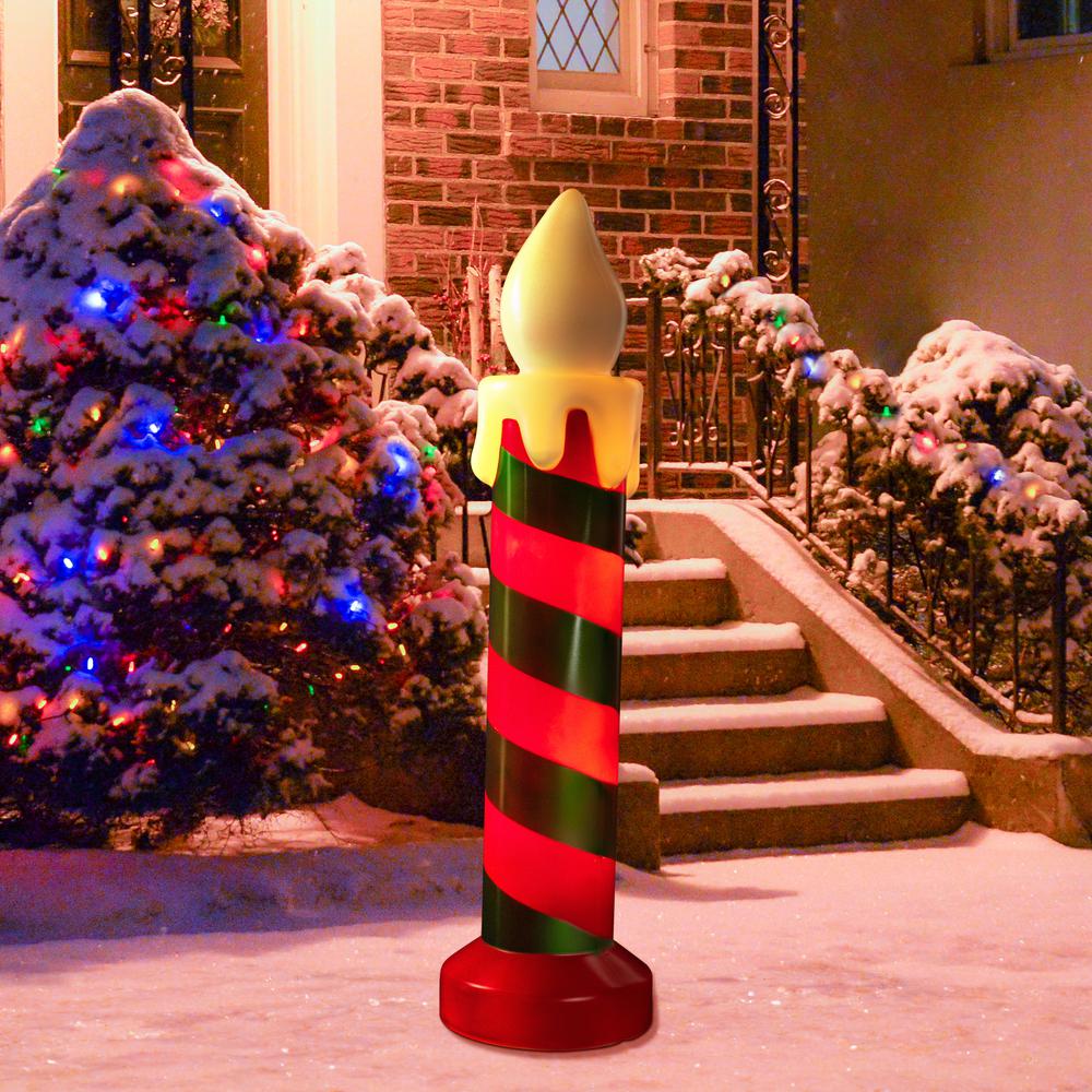 20" Lighted Green and Red Striped Blow Mold Candle Outdoor Christmas Decoration. Picture 2