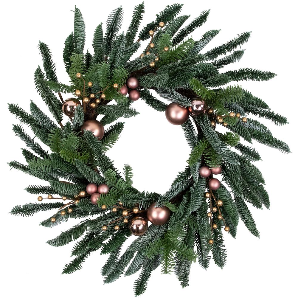 Rose Gold Ball Ornaments Artificial Christmas Wreath  28-Inch  Unlit. Picture 1