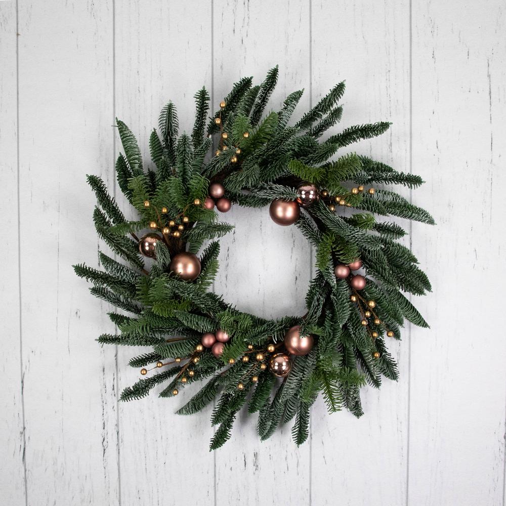 Rose Gold Ball Ornaments Artificial Christmas Wreath  28-Inch  Unlit. Picture 2