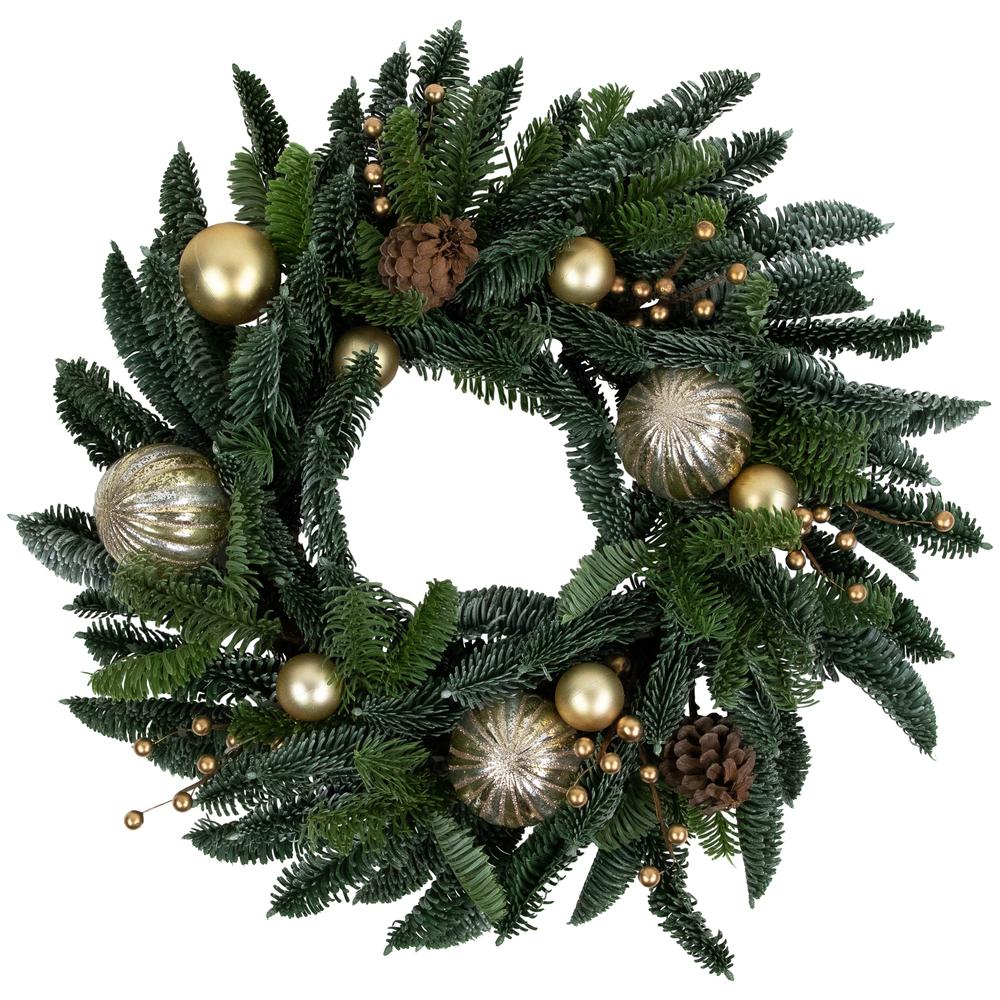 Pine with Gold Ball Ornaments and Pine Cones Christmas Wreath 22-Inch Unlit. Picture 1
