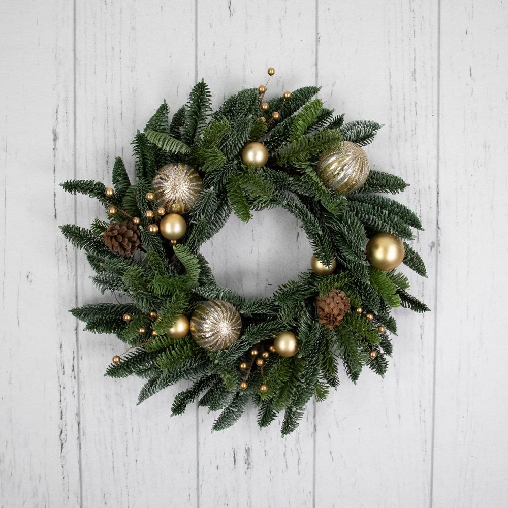 Pine with Gold Ball Ornaments and Pine Cones Christmas Wreath 22-Inch Unlit. Picture 2