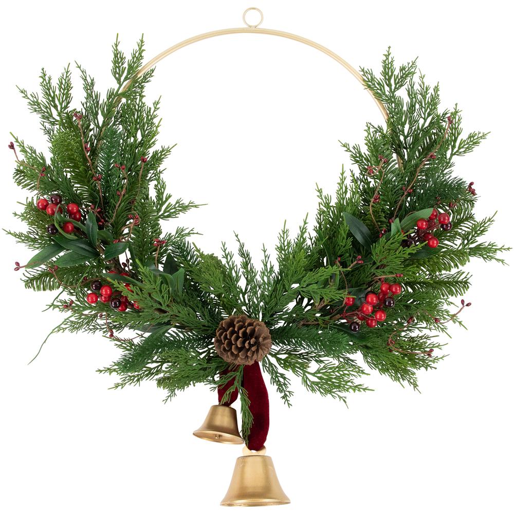 Cypress and Pine with Berries and Bells Christmas Wreath 28-Inch - Unlit. Picture 1