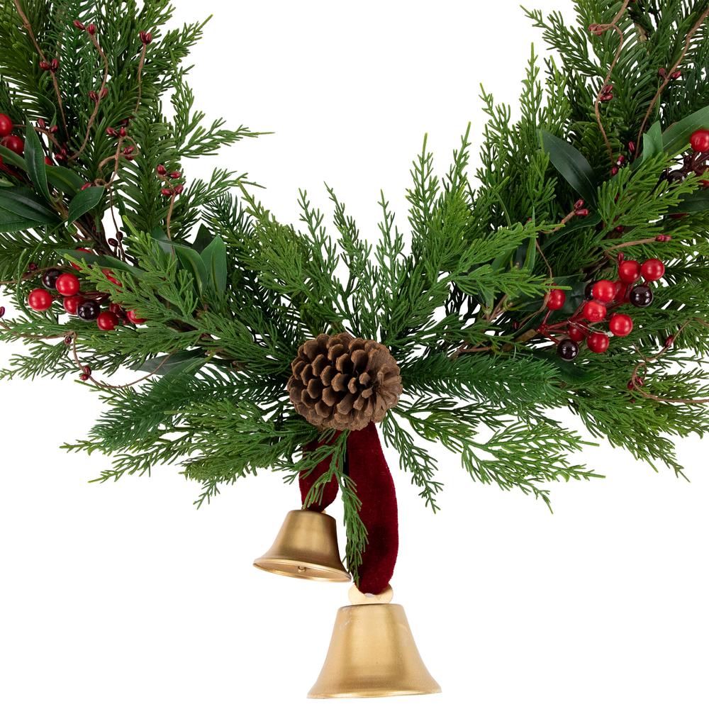 Cypress and Pine with Berries and Bells Christmas Wreath 28-Inch - Unlit. Picture 4