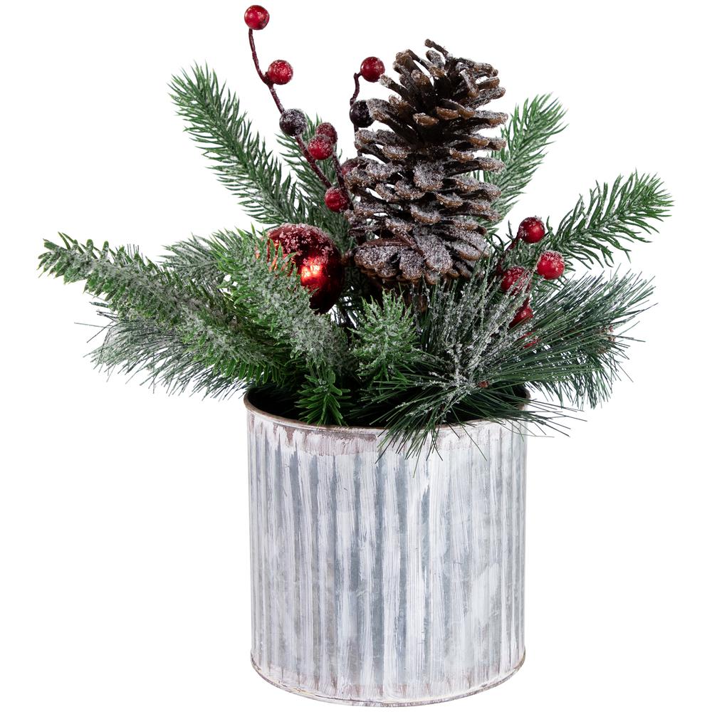 12" Frosted Pine  Berries and Pine Cones Floral Arrangement in Tin Pot. Picture 1