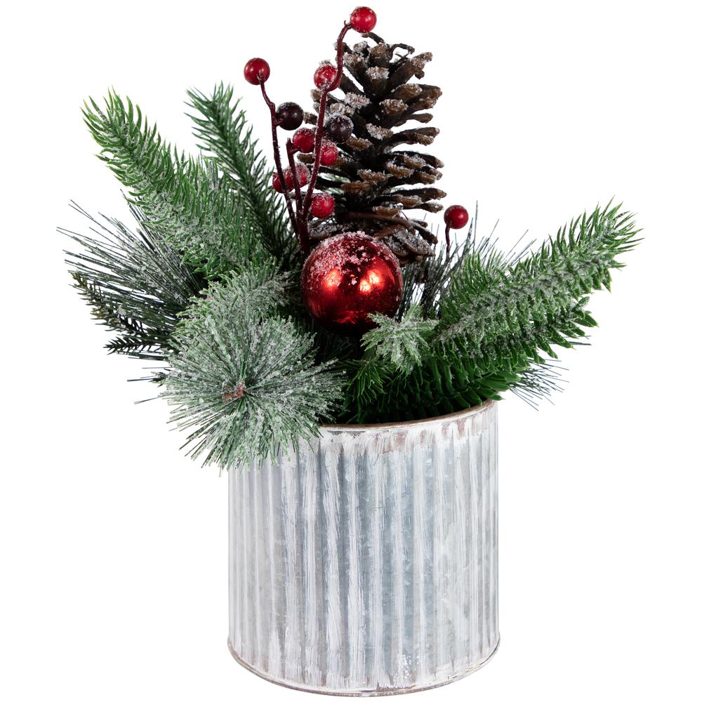 12" Frosted Pine  Berries and Pine Cones Floral Arrangement in Tin Pot. Picture 4