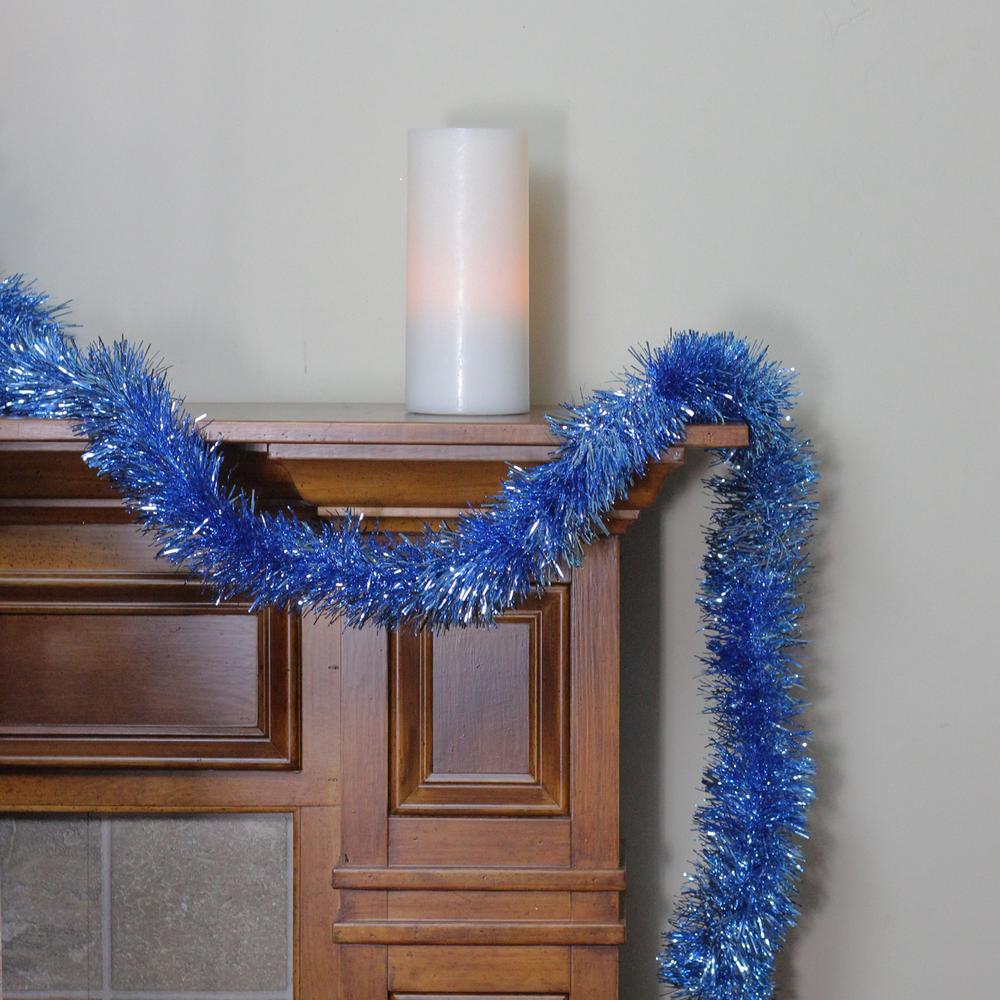 50' Traditional Shiny Sky Blue Foil Tinsel Garland - Unlit. Picture 3