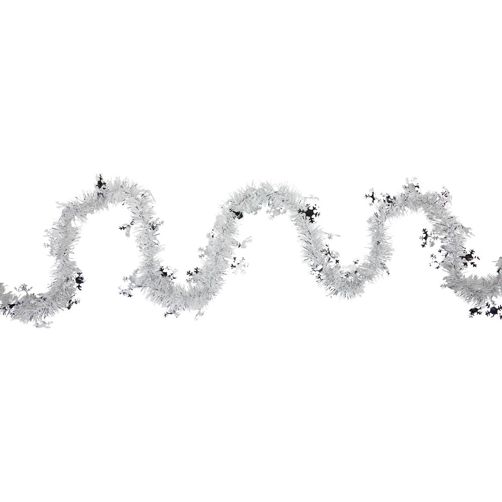 50' x 2" White and Silver Christmas Tinsel Garland with Snowflakes - Unlit. Picture 1