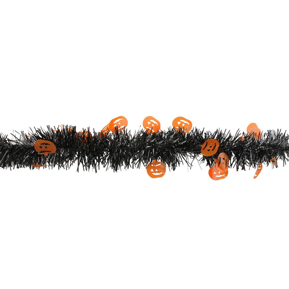50' Black with Orange Jack O Lanterns Halloween Tinsel Garland - Unlit. Picture 2