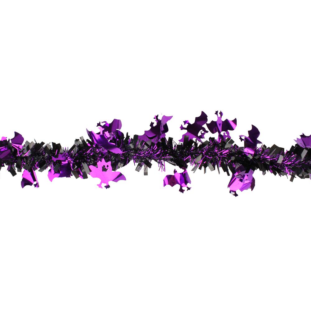 Black with Purple Bats Halloween Tinsel Garland - 50 feet  Unlit. Picture 2