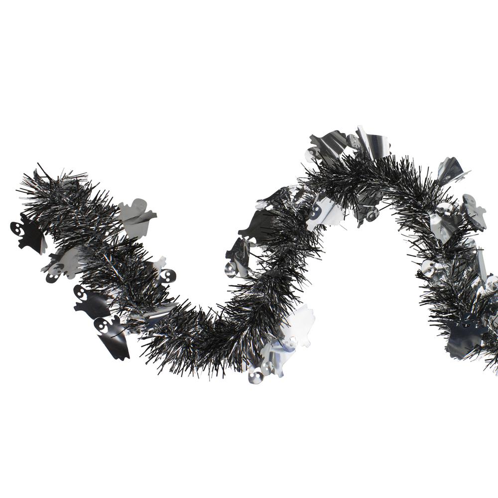 Black and Silver with Ghosts Halloween Tinsel Garland - 50 feet  Unlit. Picture 1