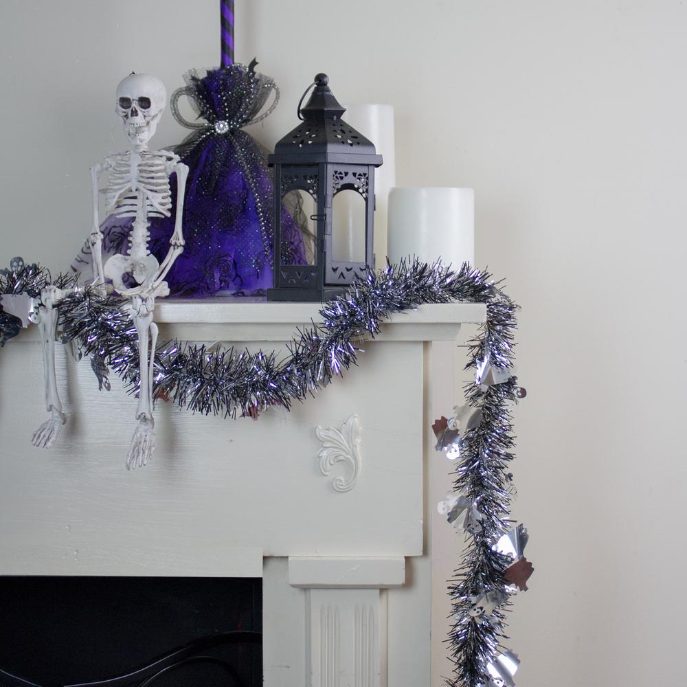 Black and Silver with Ghosts Halloween Tinsel Garland - 50 feet  Unlit. Picture 3