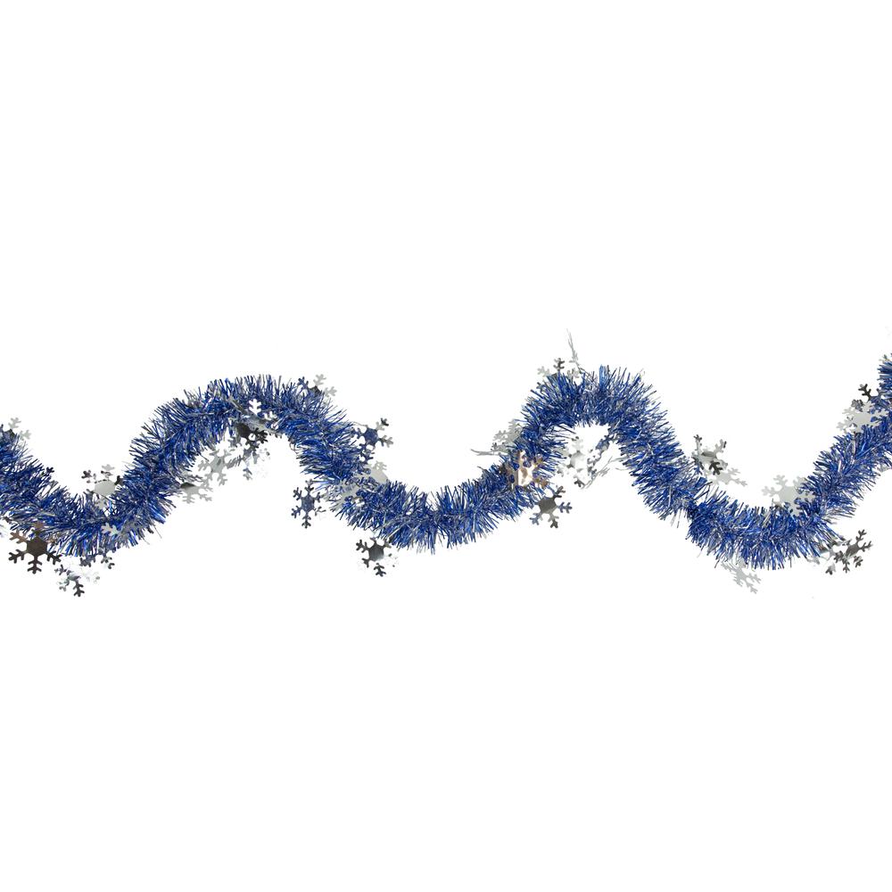 50' x 2" Royal Blue and Silver Christmas Tinsel Garland with Snowflakes - Unlit. Picture 1