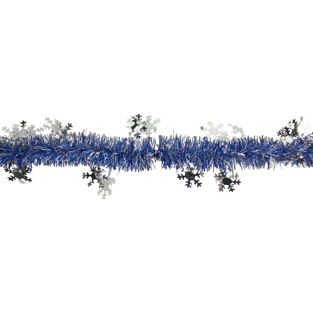 50' x 2" Royal Blue and Silver Christmas Tinsel Garland with Snowflakes - Unlit. Picture 3