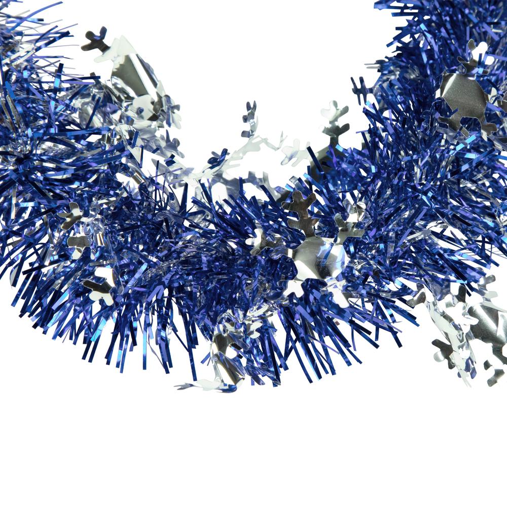 50' x 2" Royal Blue and Silver Christmas Tinsel Garland with Snowflakes - Unlit. Picture 4