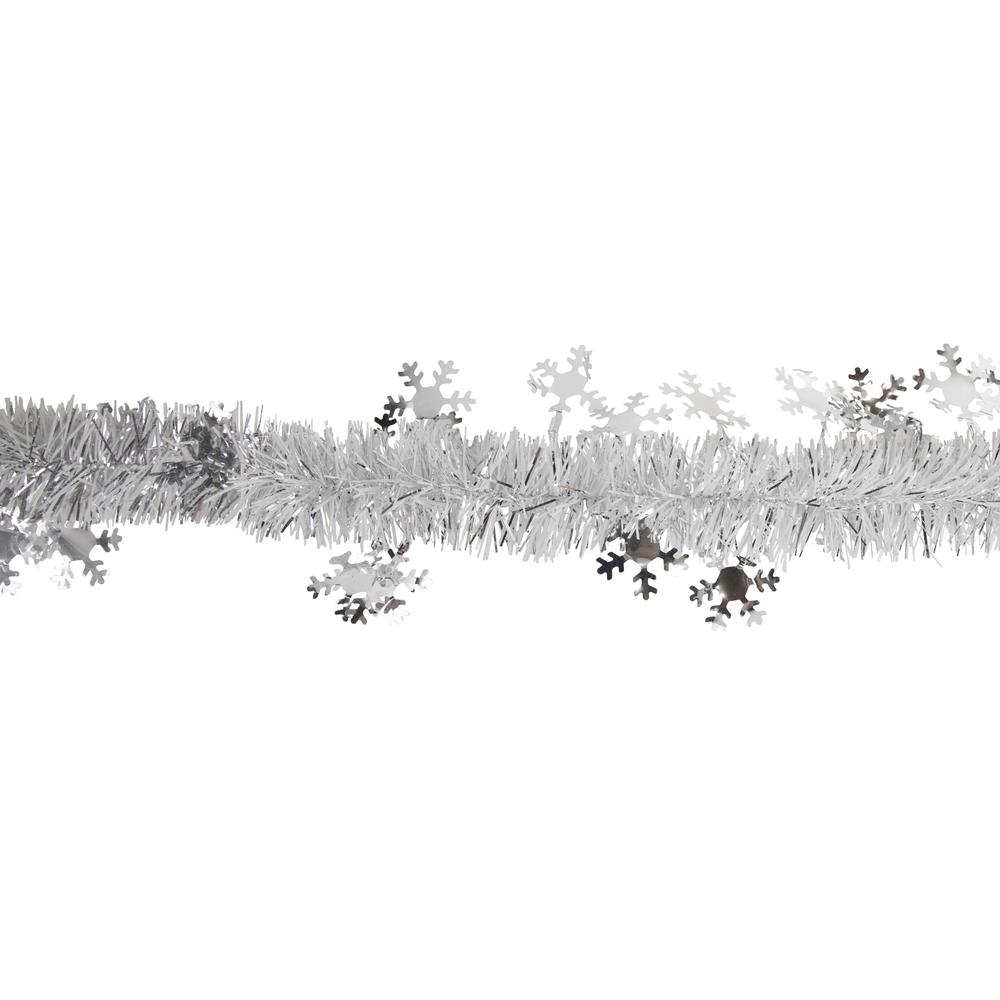 50' x 2" White and Silver Christmas Tinsel Garland with Snowflakes - Unlit. Picture 3
