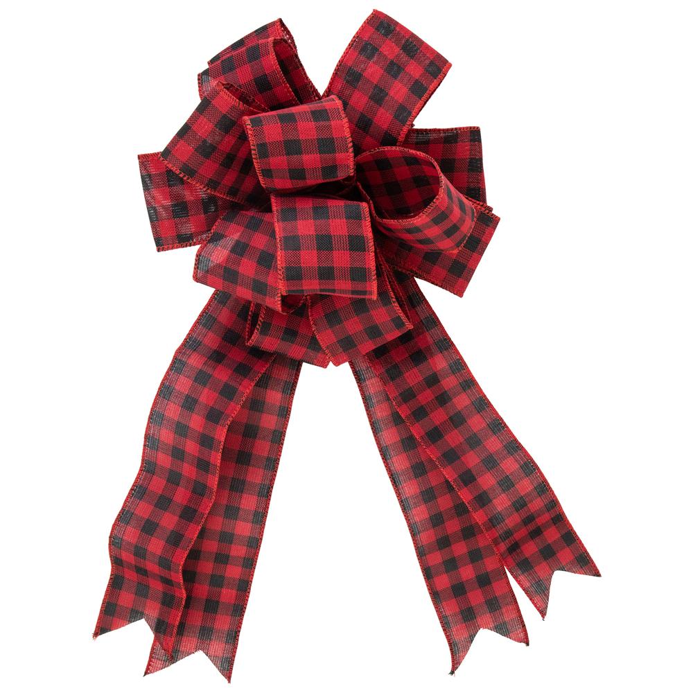 19" Buffalo Plaid Print 14 Loop Christmas Bow Tree Topper. Picture 1