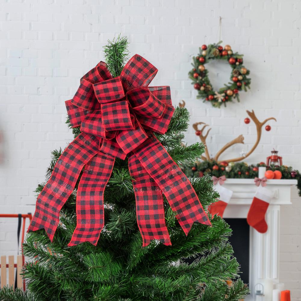 19" Buffalo Plaid Print 14 Loop Christmas Bow Tree Topper. Picture 2