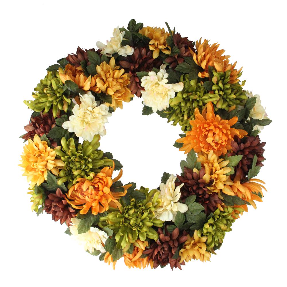 Autumn Orange and Green Chrysanthemum Artificial Thanksgiving Wreath - 19.5-Inch  Unlit. Picture 1
