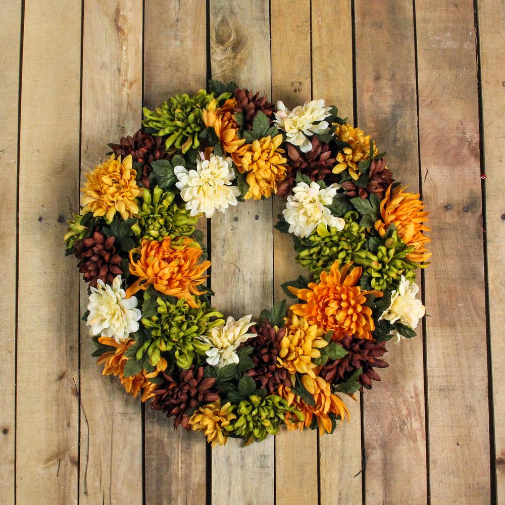 Autumn Orange and Green Chrysanthemum Artificial Thanksgiving Wreath - 19.5-Inch  Unlit. Picture 3