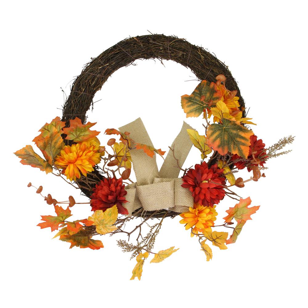 Fall Leaf with Mum Flower Artificial Thanksgiving Twig Wreath  Orange 20-Inch. Picture 2