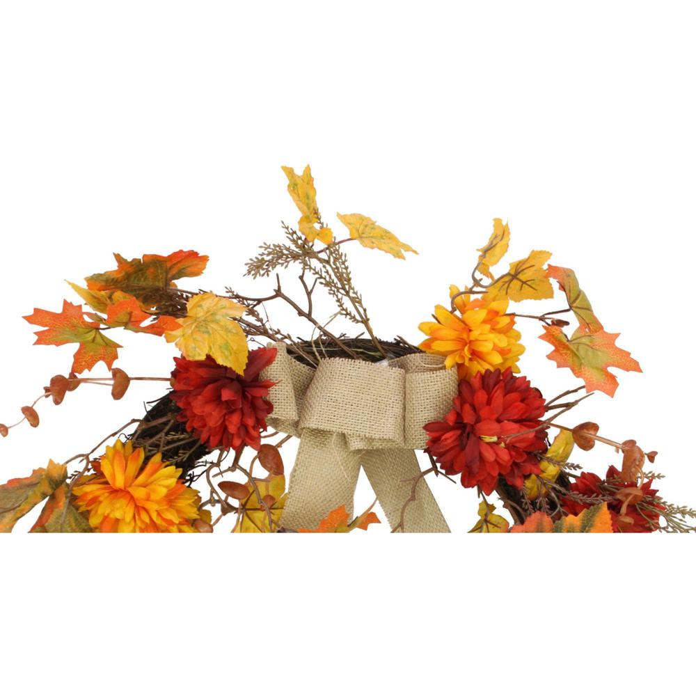 Fall Leaf with Mum Flower Artificial Thanksgiving Twig Wreath  Orange 20-Inch. Picture 3