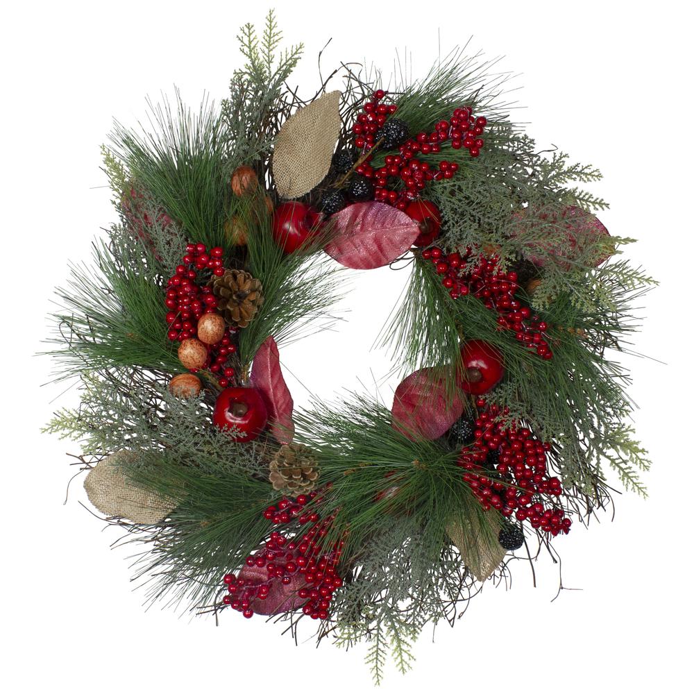 Autumn Harvest Pine  Berry and Pomegranate Wreath  24 inch  Unlit. Picture 1