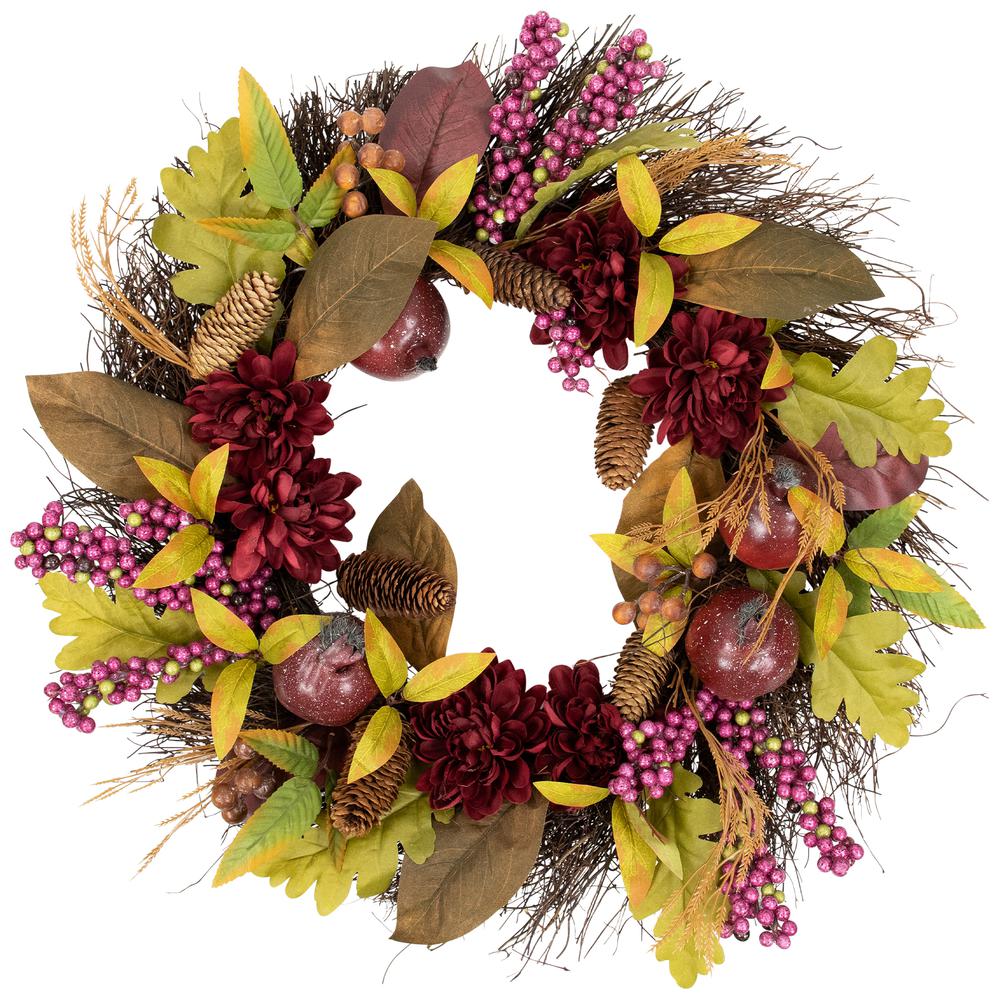 Mums and Pomegranates Artificial Fall Harvest Twig Wreath  24-Inch. Picture 1