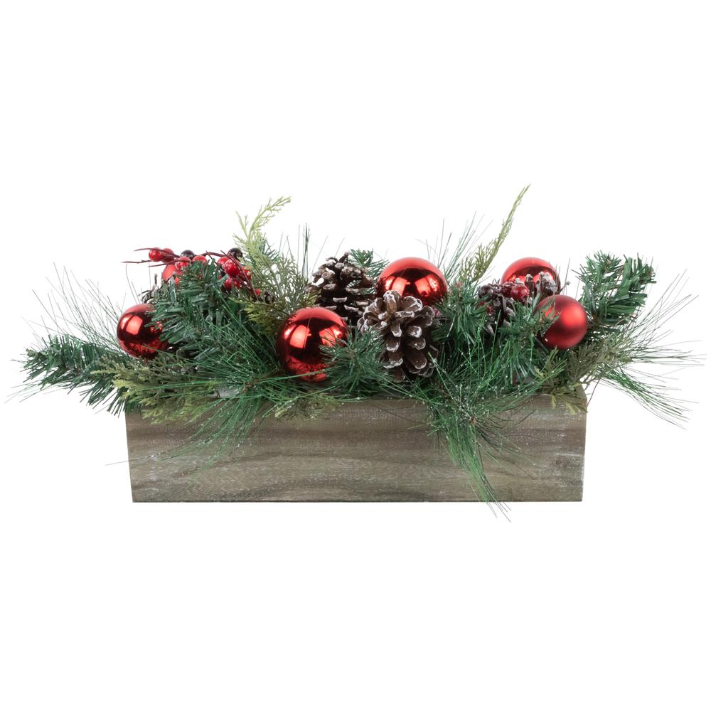 24" Mixed Pine and Red Ornaments Christmas Arrangement in Wood Planter. Picture 1