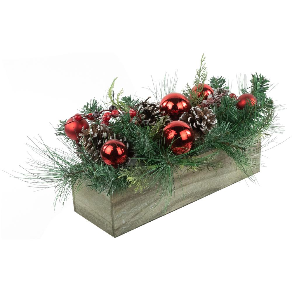 24" Mixed Pine and Red Ornaments Christmas Arrangement in Wood Planter. Picture 2