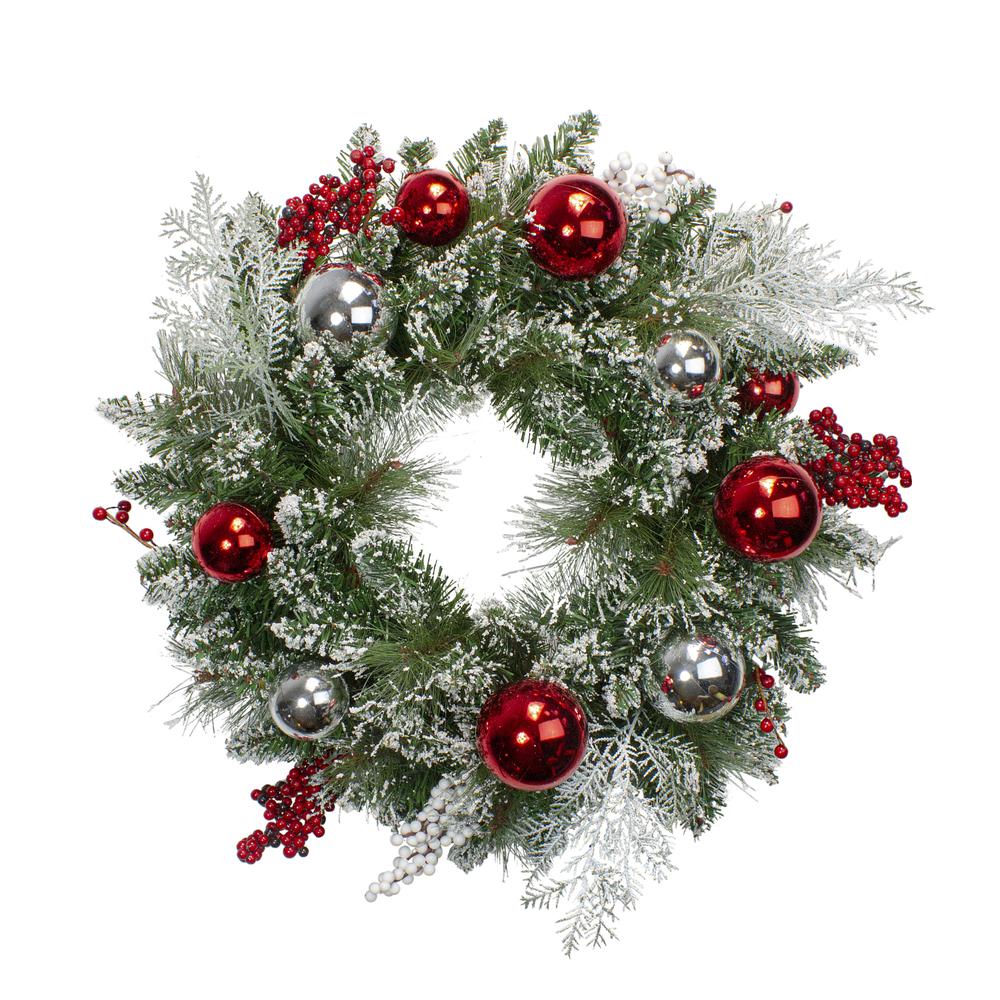 Flocked Mixed Pine with Ornaments and Berries Christmas Wreath 24-Inch Unlit. Picture 1