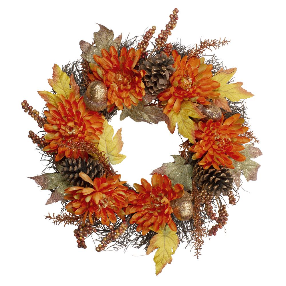 Mums and Acorns Artificial Floral Twig Wreath  22-Inch  Unlit. Picture 1