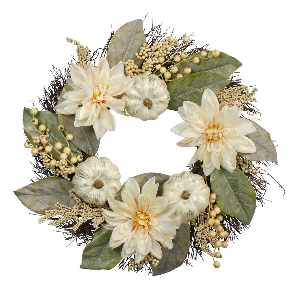 Dahlia and Pumpkin Fall Artificial Floral Wreath  22-Inch. The main picture.