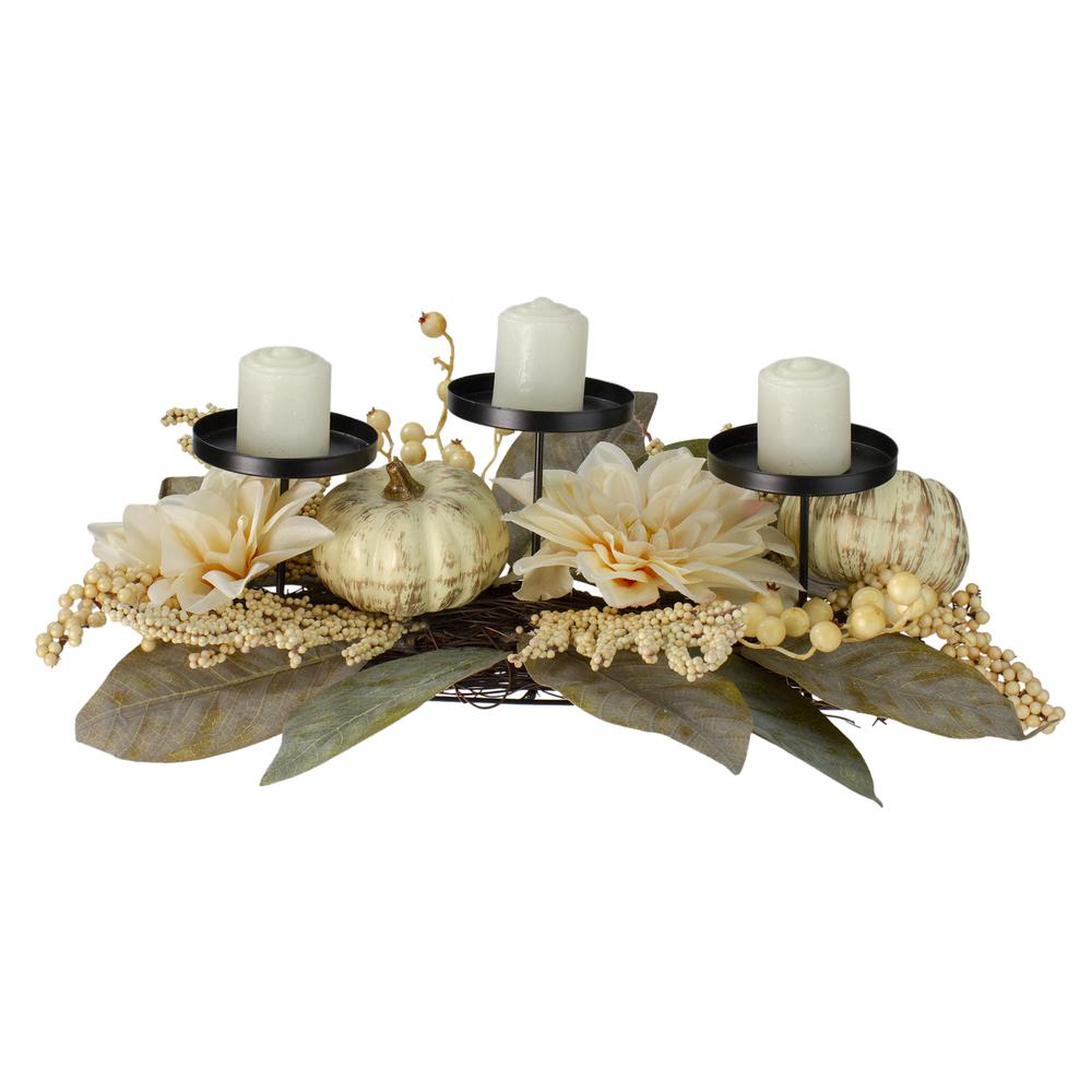 21" White Dahlia and Pumpkin Fall Candle Holder Centerpiece. Picture 1