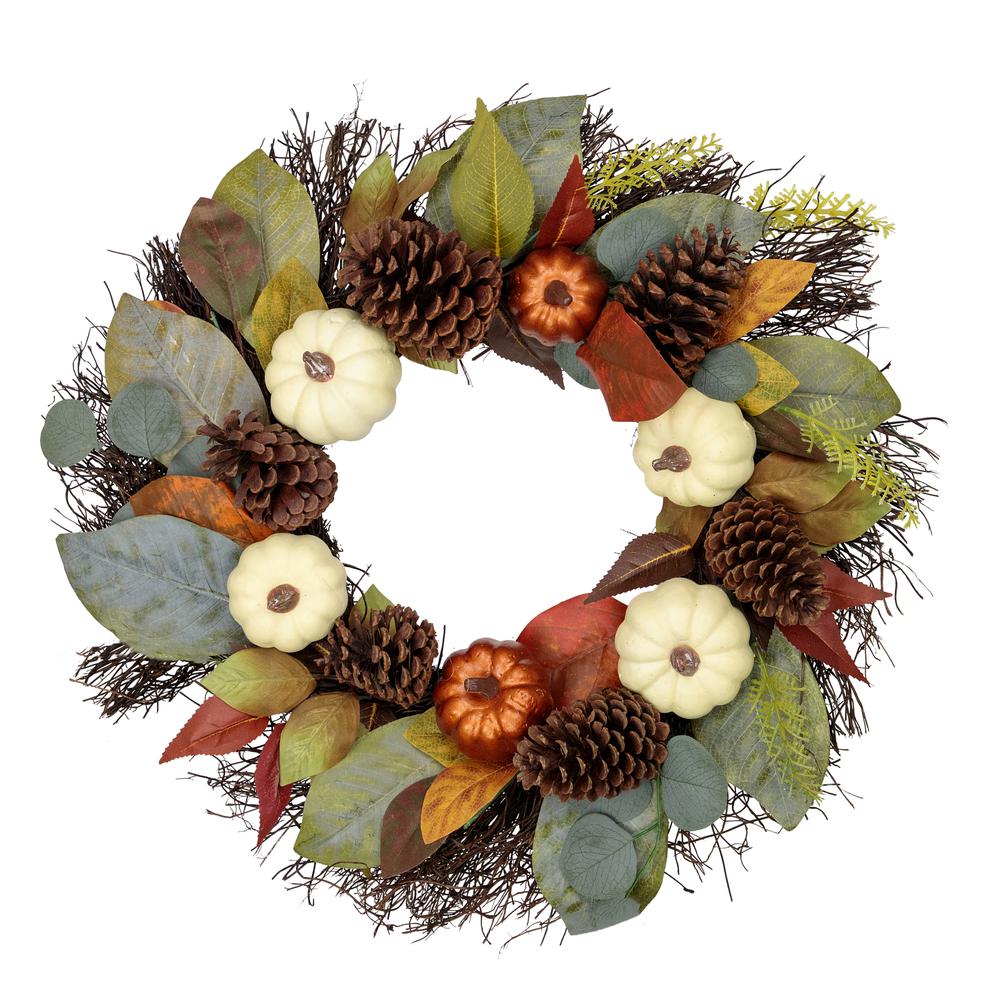 Pumpkin  Pinecone  and Gourd Artificial Fall Harvest Wreath  24-Inch  Unlit. Picture 1