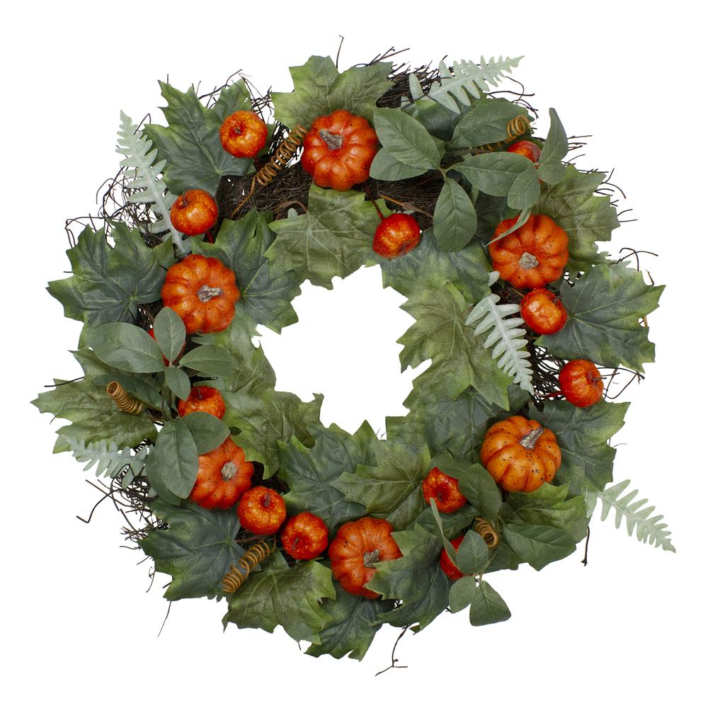 Maple and Fern Leaves with Pumpkins Artificial Wreath  Orange 24-Inch. Picture 1