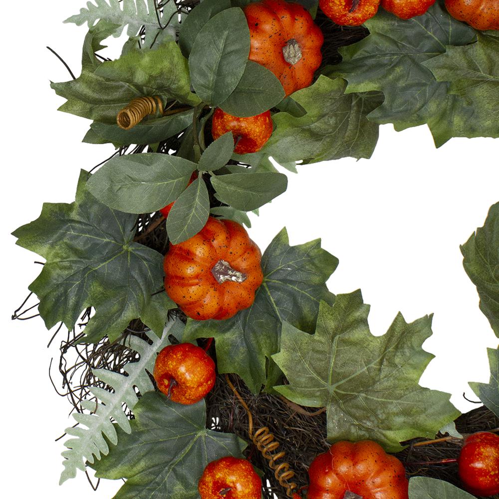 Maple and Fern Leaves with Pumpkins Artificial Wreath  Orange 24-Inch. Picture 3