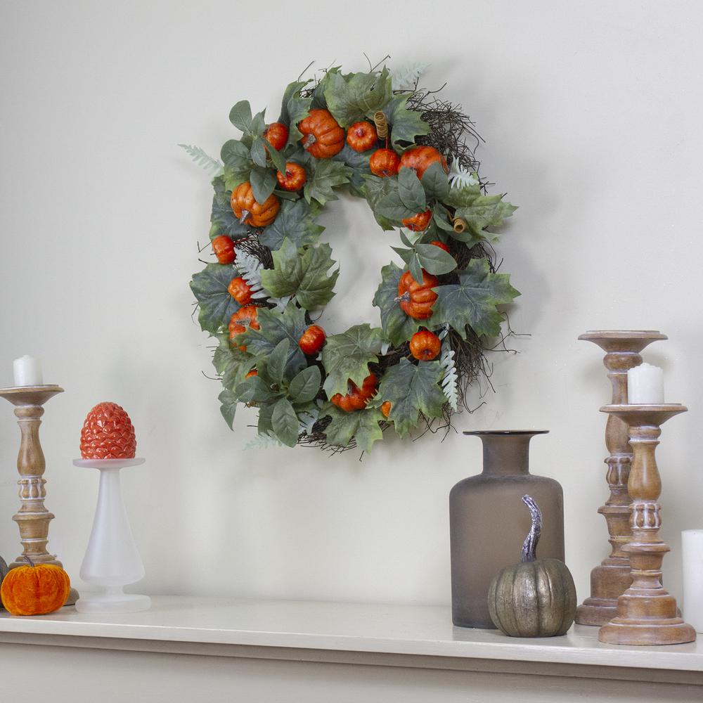Maple and Fern Leaves with Pumpkins Artificial Wreath  Orange 24-Inch. Picture 2