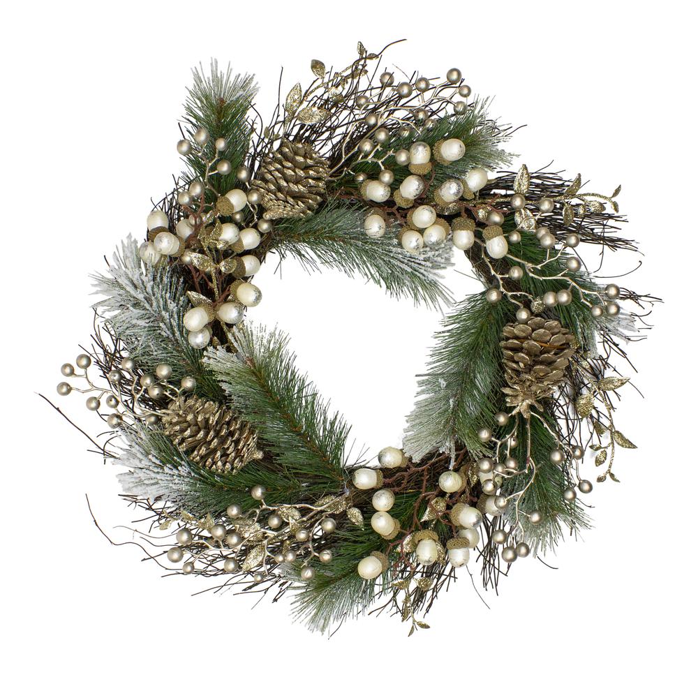 Acorn and Pine Cone Flocked Pine Needle Christmas Wreath - 22-Inch Unlit. Picture 1