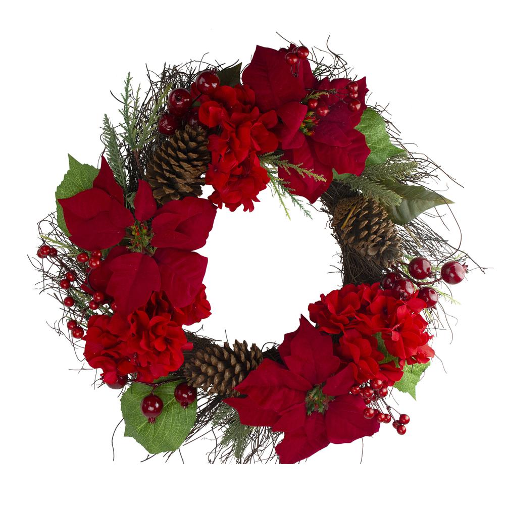 Red Poinsettia and Hydrangea Flowers with Berries Christmas Wreath - 24-Inch. Picture 1