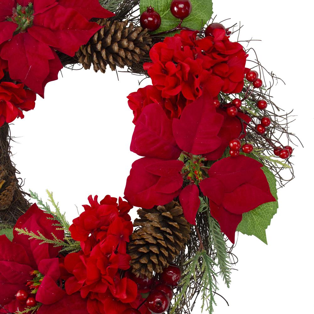 Red Poinsettia and Hydrangea Flowers with Berries Christmas Wreath - 24-Inch. Picture 2