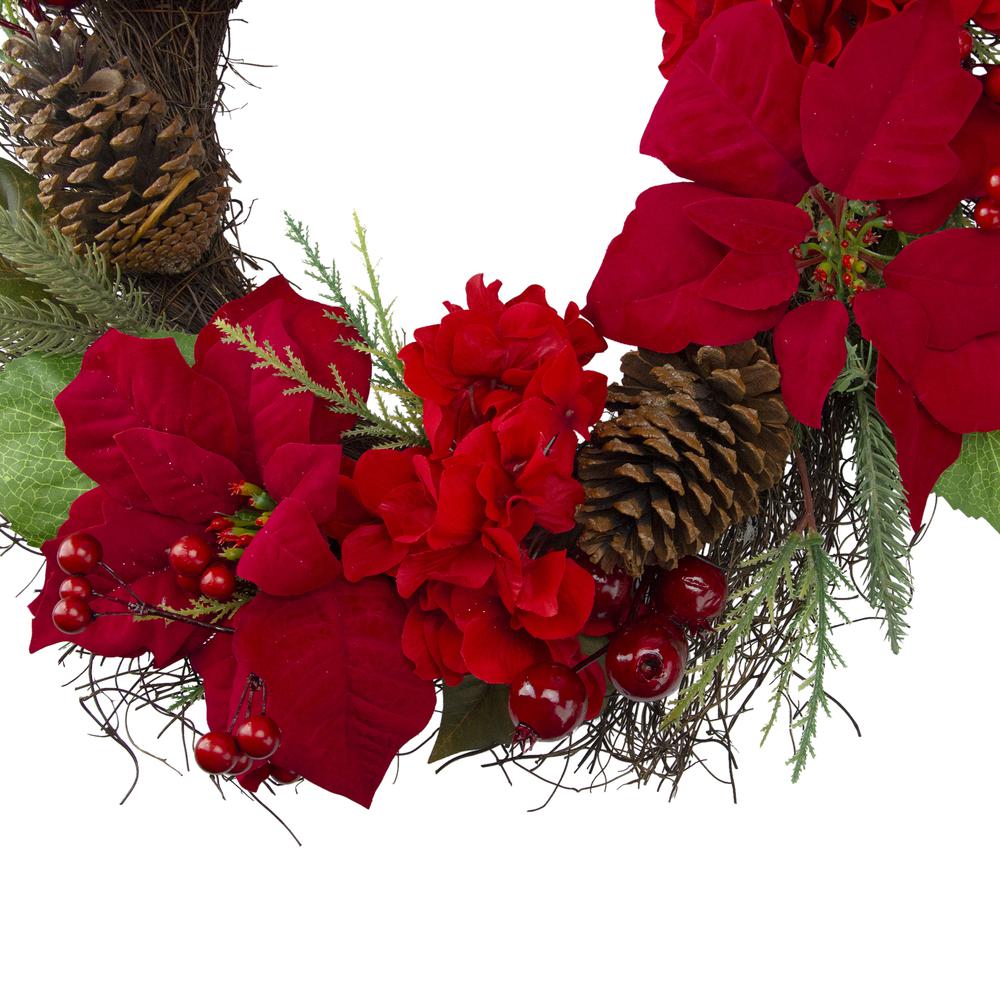 Red Poinsettia and Hydrangea Flowers with Berries Christmas Wreath - 24-Inch. Picture 3